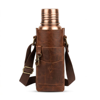 Hammered Copper Water Bottle & Genuine Leather Carrying Bag Set