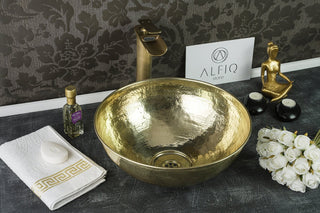 Handmade Matte Solid Brass Bathroom Sink – 16" Hammered Oval Vessel with Drain Cap - Alfiq's Store