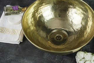 Handmade Matte Solid Brass Bathroom Sink – 16" Hammered Oval Vessel with Drain Cap - Alfiq's Store
