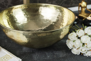Handmade Matte Solid Brass Bathroom Sink – 16" Hammered Oval Vessel with Drain Cap - Alfiq's Store
