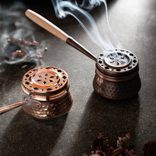Handcrafted Hammered Copper Incense Burner – Dark Copper with Wooden Handle - Alfiq's Store