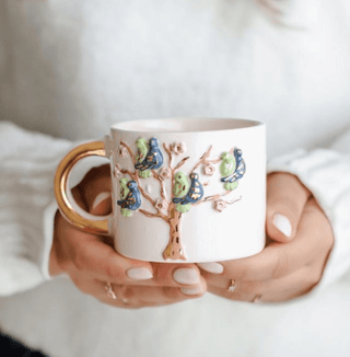 Handcrafted Ceramic Mug with Bird and Tree Design – Unique Artistic Coffee Cup - Alfiq's Store