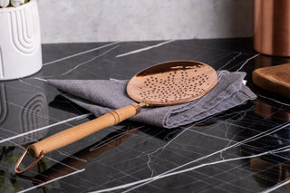 Handcrafted Copper Perforated Skimmer with Wooden Handle – Premium Kitchen Strainer & Cooking Utensil - Alfiq's Store
