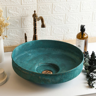 Handmade Hammered Copper Green Verdigris Patina Sink – Round Vessel Bathroom or Kitchen Basin - Alfiq's Store