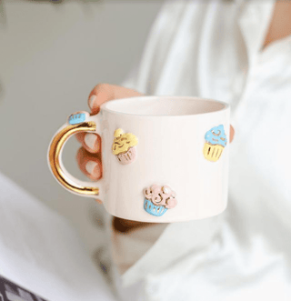 Sweet Treats Cupcake Mug Hand - Painted Cupcake Designs & Golden Handle – Whimsical Dessert - Themed Ceramic Mug - Alfiq's Store