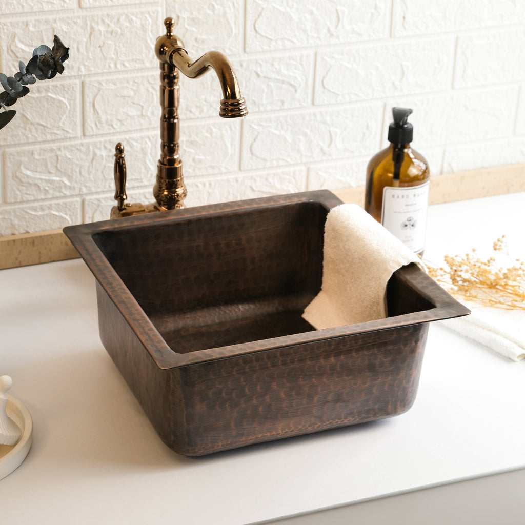 Dark Copper Square Kitchen Vessel Sink – Handmade Hammered Farmhouse ...