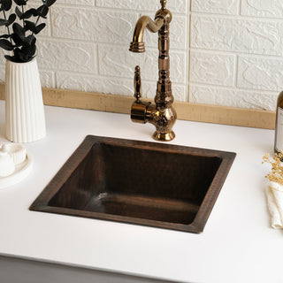 Dark Copper Square Kitchen Vessel Sink – Handmade Hammered Farmhouse Sink with Drain Cap - Alfiq's Store