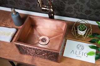 Handmade Embossed Copper Bathroom Sink – Rectangular Vessel, 12" x 8" x 6" - Alfiq's Store