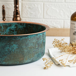 Handmade Green Patina Copper Sink – Farmhouse Vessel & Drop - In Kitchen/Bathroom Basin - Alfiq's Store