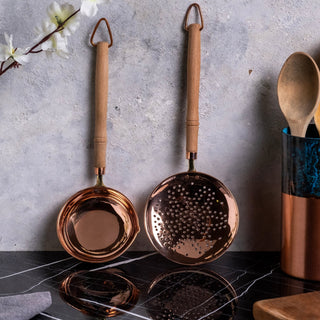 Handcrafted Copper Perforated Skimmer with Wooden Handle – Premium Kitchen Strainer & Cooking Utensil - Alfiq's Store