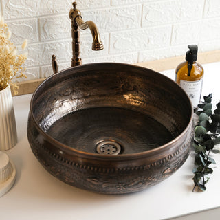 Handmade Dark Copper Engraved Vessel Sink – 16" Round Hammered Basin - Alfiq's Store