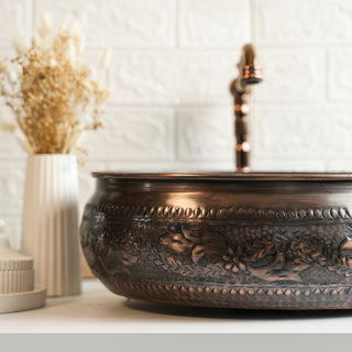 Handmade Dark Copper Engraved Vessel Sink – 16" Round Hammered Basin - Alfiq's Store