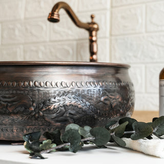 Handmade Dark Copper Engraved Vessel Sink – 16" Round Hammered Basin - Alfiq's Store