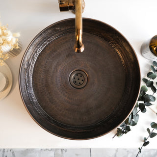 Handmade Dark Copper Engraved Vessel Sink – 16" Round Hammered Basin - Alfiq's Store