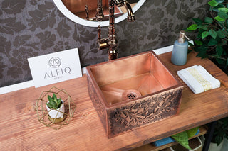 Handmade Embossed Copper Bathroom Sink – Rectangular Vessel, 12" x 8" x 6" - Alfiq's Store