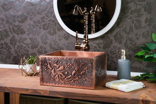 Handmade Embossed Copper Bathroom Sink – Rectangular Vessel, 12" x 8" x 6" - Alfiq's Store