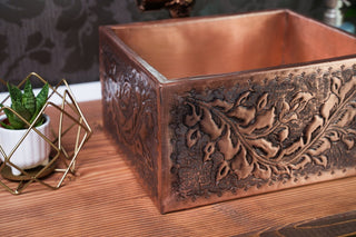 Handmade Embossed Copper Bathroom Sink – Rectangular Vessel, 12" x 8" x 6" - Alfiq's Store