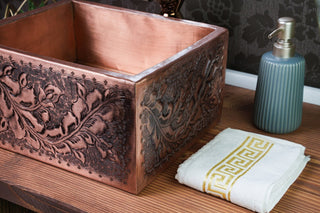 Handmade Embossed Copper Bathroom Sink – Rectangular Vessel, 12" x 8" x 6" - Alfiq's Store