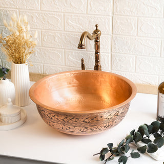 Handmade Engraved Matte Copper Vessel Sink – Farmhouse Vanity Washbasin with Drain Cap - Alfiq's Store