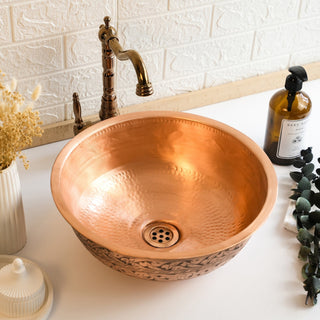 Handmade Engraved Matte Copper Vessel Sink – Farmhouse Vanity Washbasin with Drain Cap - Alfiq's Store
