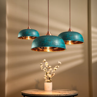 Handmade Hammered Copper Green Patina Pendant Light – Complete Set with Accessories - Alfiq's Store