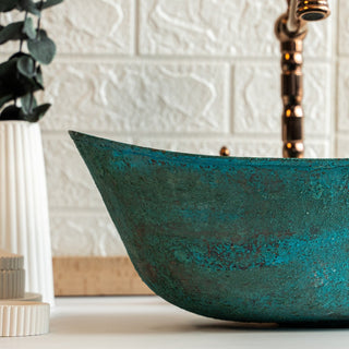Handmade Green Copper Vessel Sink – Hammered Copper Bathroom Vanity Sink with Drain Cap - Alfiq's Store