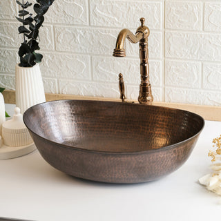 Handmade Hammered Dark Copper Oval Sink Basin - Copper Framhouse Kitchen and Bathroom Sink - Alfiq's Store