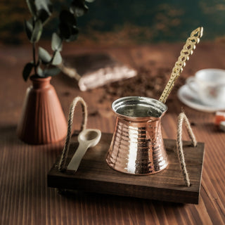 Handmade Copper Turkish Coffee Pot – Hammered Copper Cezve with Ornate Brass Handle - Alfiq's Store