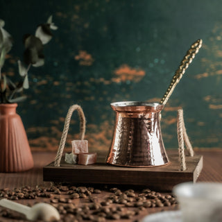 Handmade Copper Turkish Coffee Pot – Hammered Copper Cezve with Ornate Brass Handle - Alfiq's Store