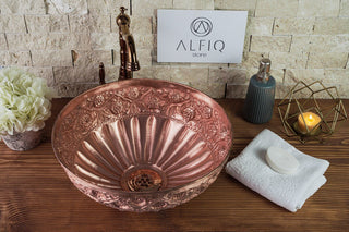 Engraved Copper Vanity Vessel Sink with Floral Design – Handmade Bathroom & Kitchen Bowl - Alfiq's Store