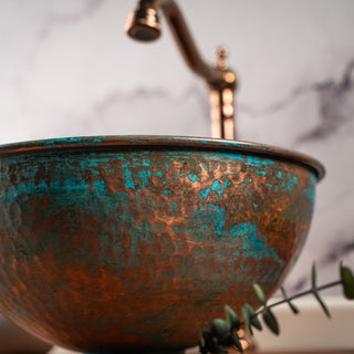 Handcrafted Verdigris Copper Sink – Hammered Green Patina Basin with Copper Drain Cap - Alfiq's Store