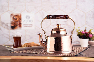 Hammered Solid Copper Teapot Stovetop with Wooden Handle – 1.6 Quart Shiny Finish Kettle - Alfiq's Store